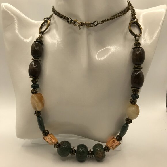 Gemstone Necklace Bohemian Necklace Agate Stone Wood Crystal Necklace Handmade - Picture 7 of 11